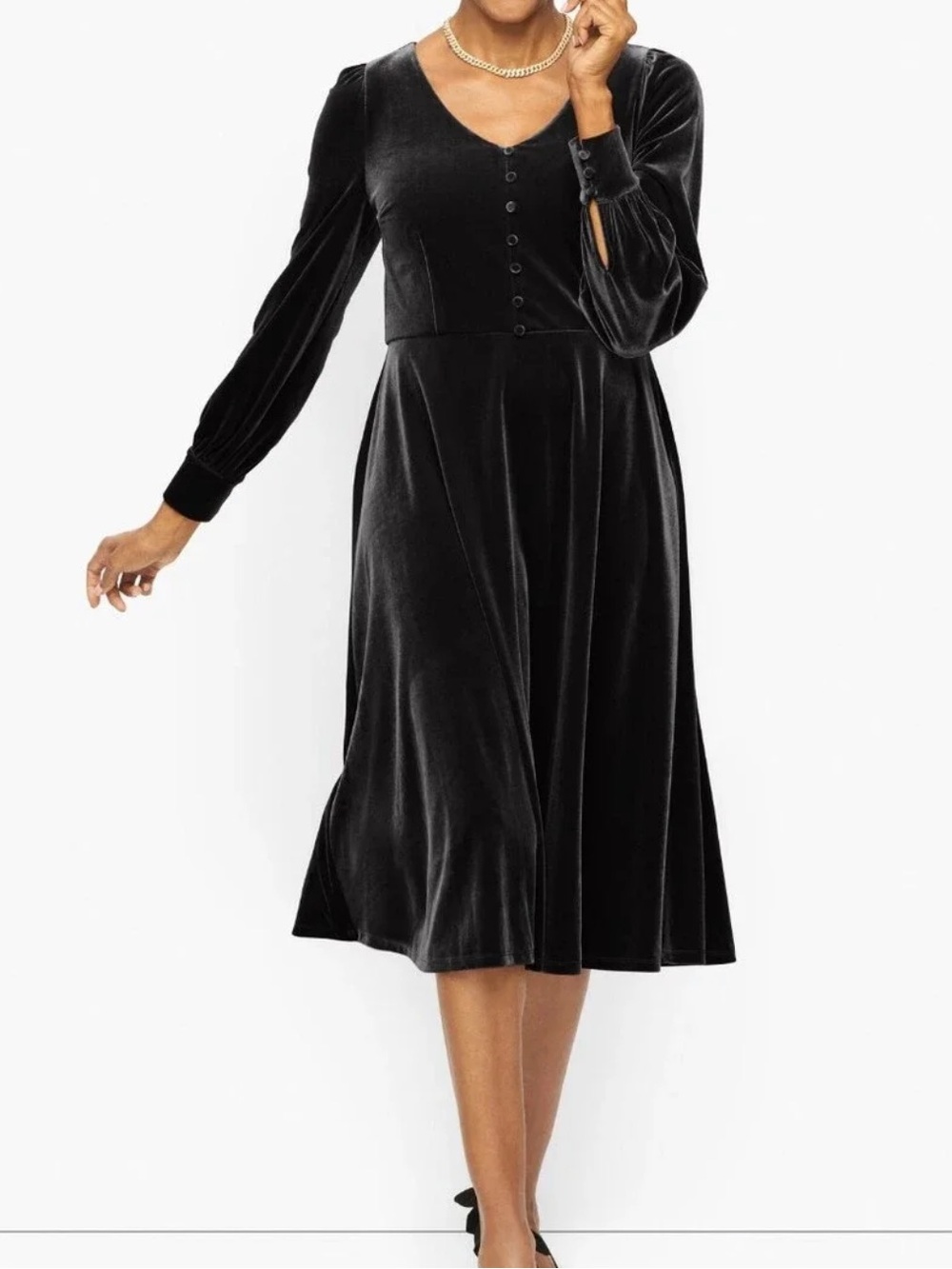 Talbots Black Velvet Long-Sleeve V-Neck Button Front Dress